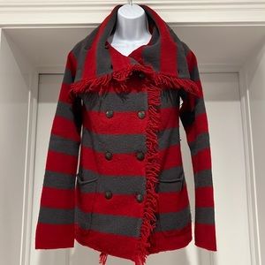 Free People Lambswool Red & Grey Striped Double Breasted Cardigan Size XS